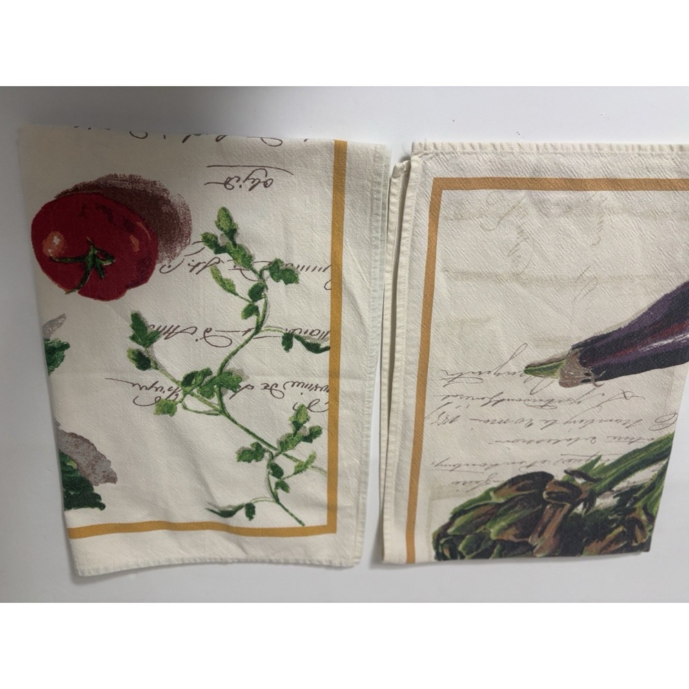 Williams Sonoma Vegetable Artichokes Kitchen Towels Beige Cotton Pair Large